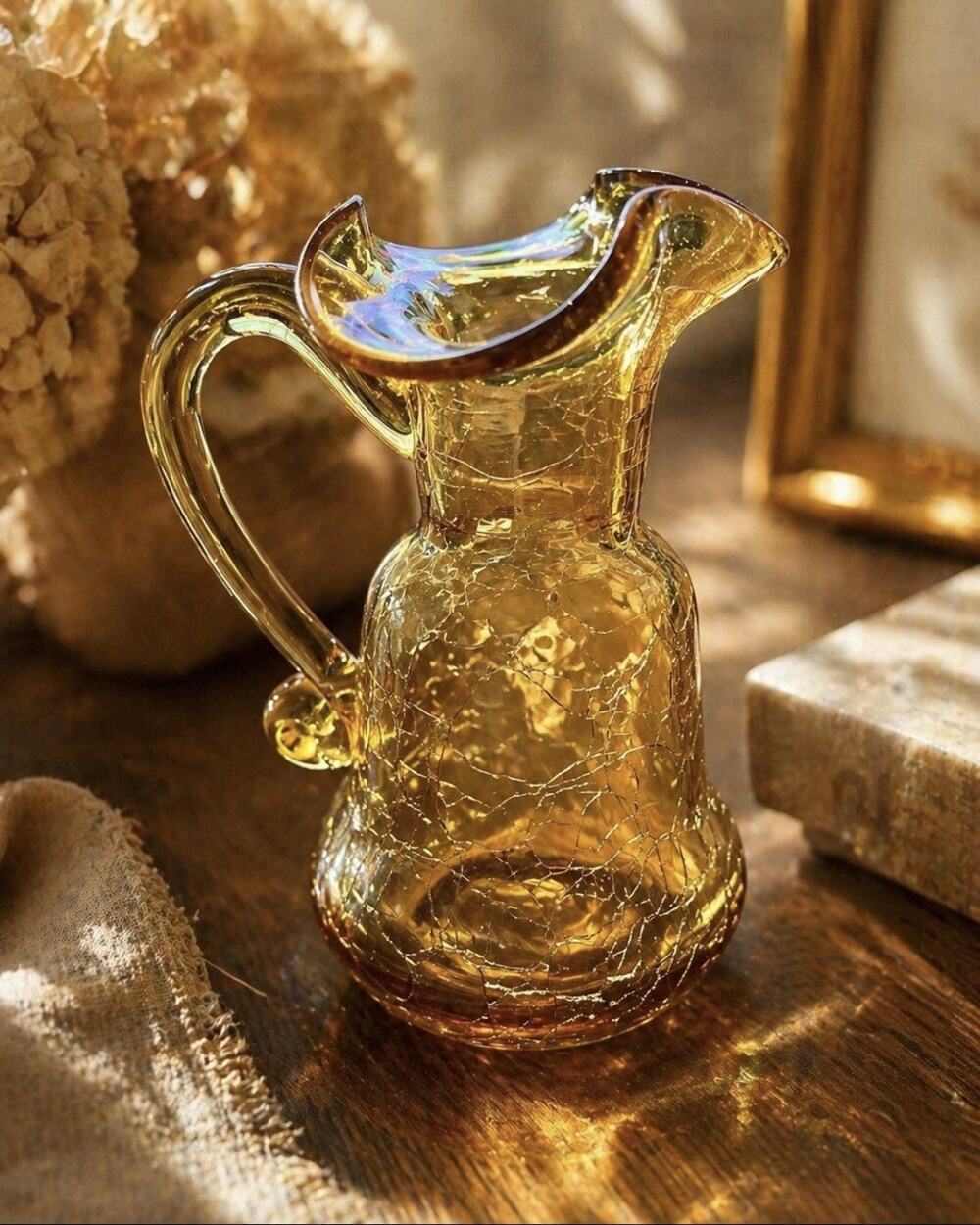 Vtg Amber Iridescent Crackle Glass Pitcher Hand Blown Ruffled Rim Mini Creamer